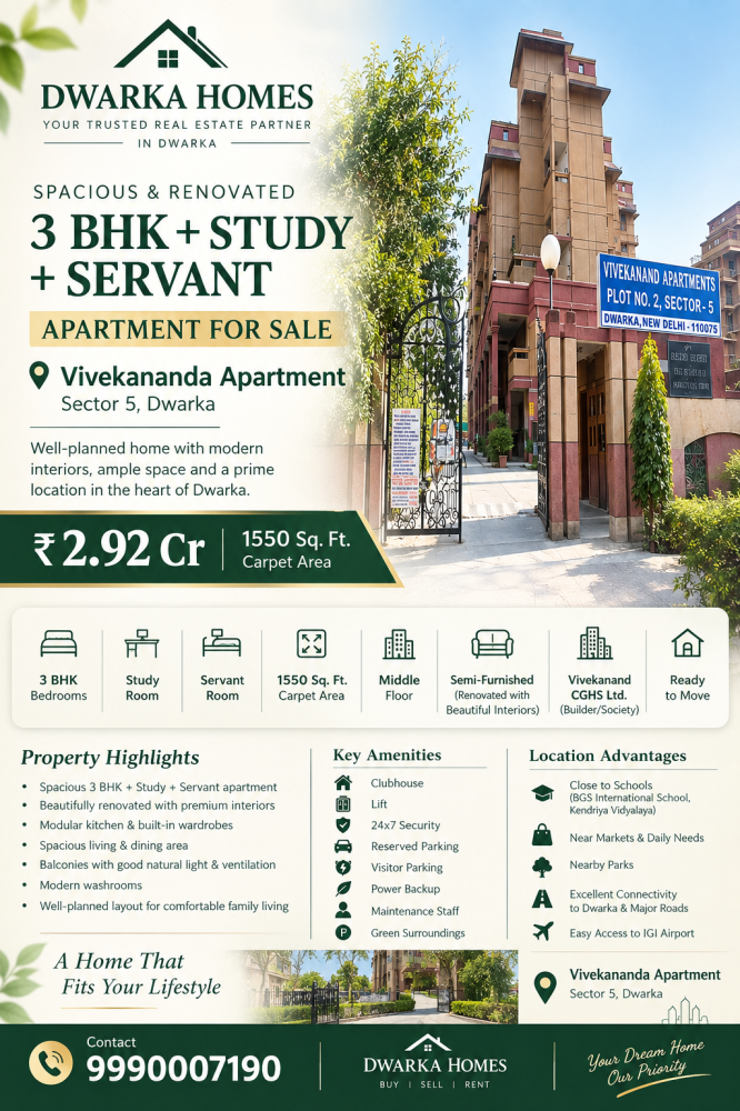 3 Bhk flat for sale in Vivekanand Apartment Dwarka Sector 5
